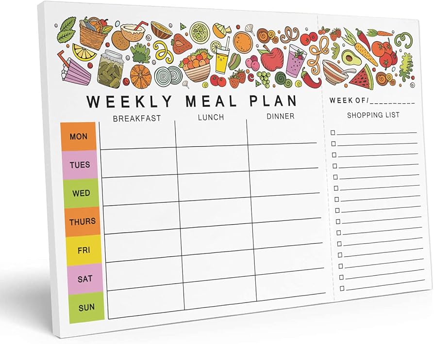 Notebook with weekly meal plan layout beside fresh produce and a reusable shopping bag